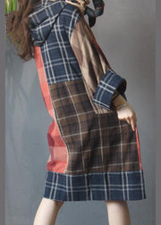 Beautiful Plaid Patchwork hooded Cotton Linen Holiday Dress Summer - SooLinen