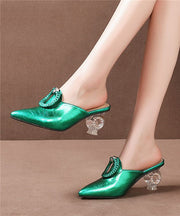 Beautiful Pointed Toe Chunky Clear Heels Green Cowhide Leather Slide Sandals