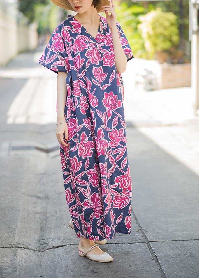 Beautiful Pink Print Summer Cotton Dress Batwing Sleeve Maxi Dress - SooLinen