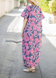 Beautiful Pink Print Summer Cotton Dress Batwing Sleeve Maxi Dress - SooLinen