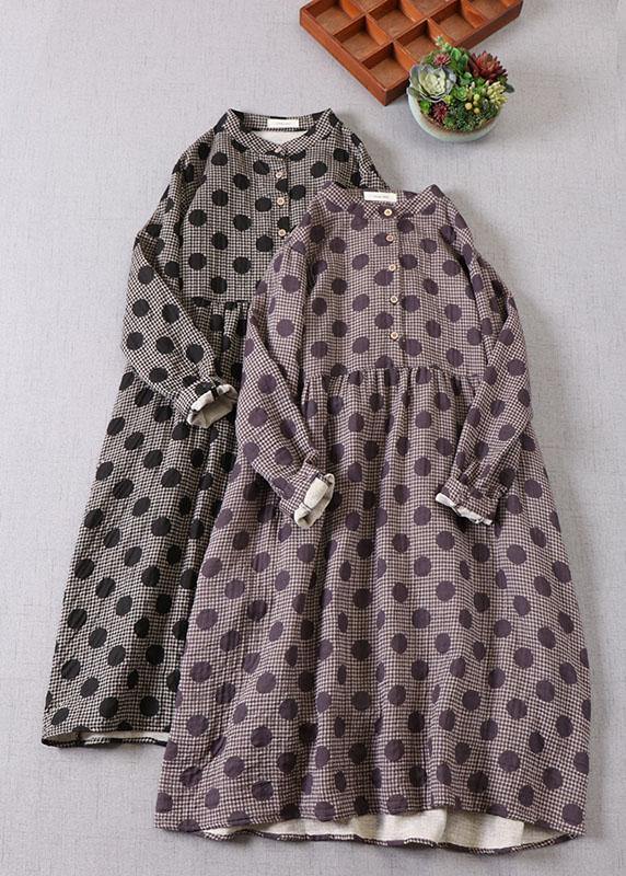 Beautiful Purple Button Patchwork Pockets Fall Print Party Dress Long sleeve - SooLinen