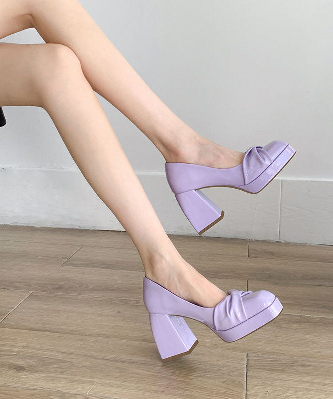 Beautiful Purple Cowhide Leather Splicing Chunky High Heels