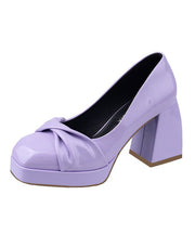 Beautiful Purple Cowhide Leather Splicing Chunky High Heels