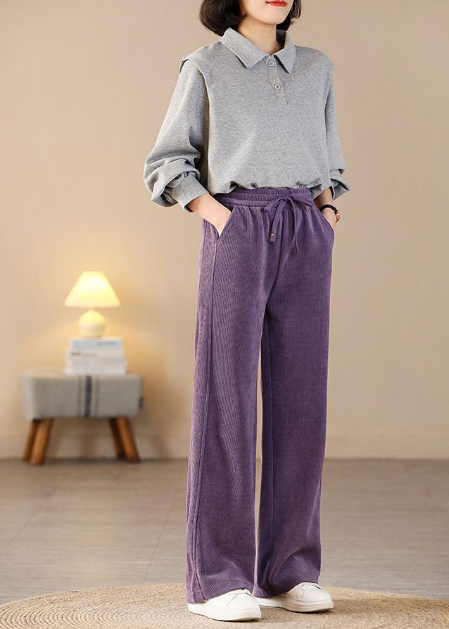 Beautiful Purple Elastic Waist Pockets Corduroy Straight Pants Spring