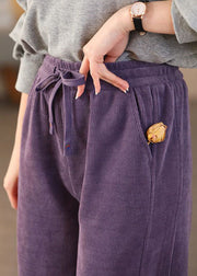 Beautiful Purple Elastic Waist Pockets Corduroy Straight Pants Spring