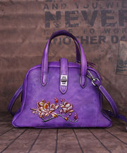 Beautiful Purple Embossing Paitings Calf Leather Satchel Handbag