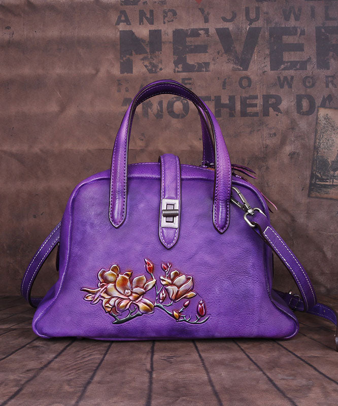 Beautiful Purple Embossing Paitings Calf Leather Satchel Handbag