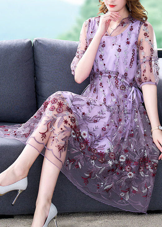 Beautiful Purple Embroidered Hollow Out Tulle Long Dress Summer