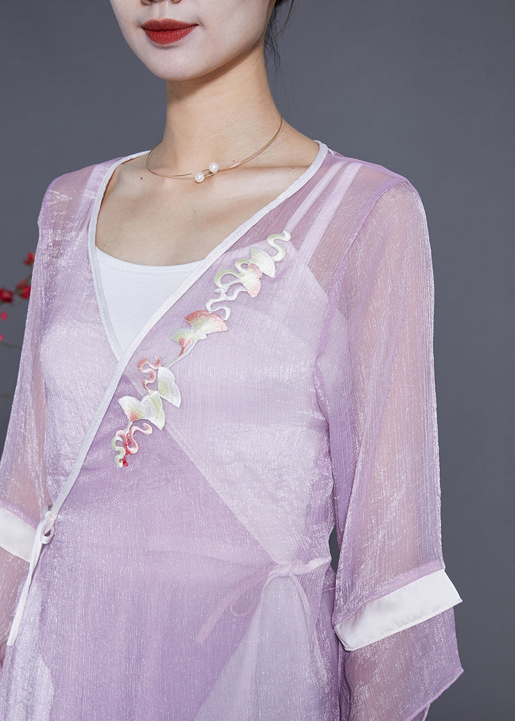 Beautiful Purple Embroidered Lace Up Asymmetrical Design Tulle Tops Summer