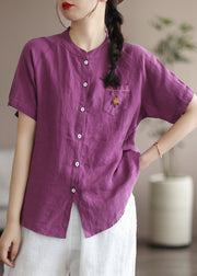 Beautiful Purple Embroidered Patchwork Linen Blouse Top Summer