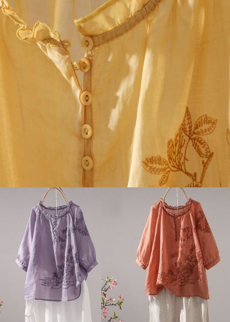 Beautiful Purple Embroidered Patchwork Linen T Shirt Top Summer