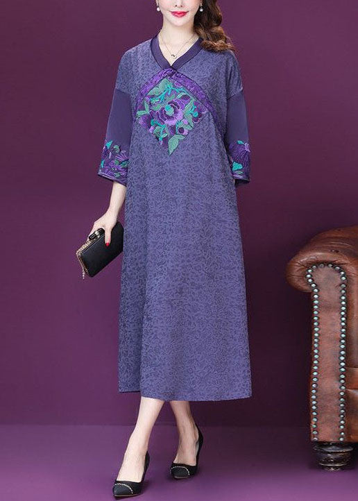 Beautiful Purple Embroidered Patchwork Silk A Line Dresses Bracelet Sleeve