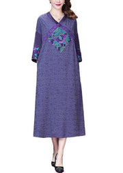 Beautiful Purple Embroidered Patchwork Silk A Line Dresses Bracelet Sleeve
