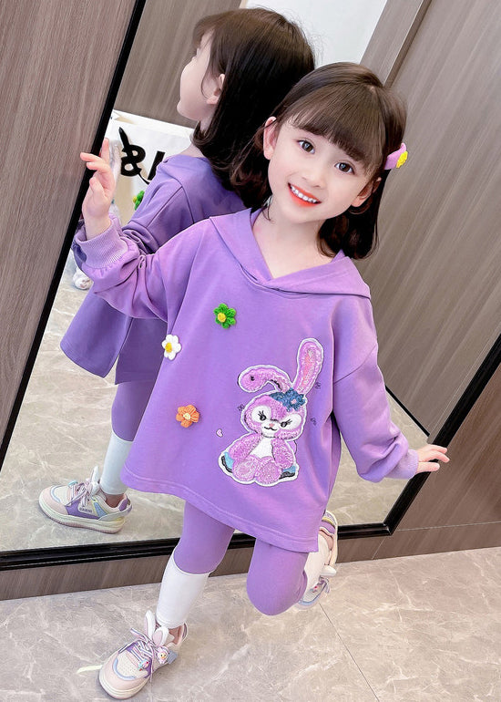 Beautiful Purple Hooded Print Patchwork Cotton Girls Two Pieces Set Fall