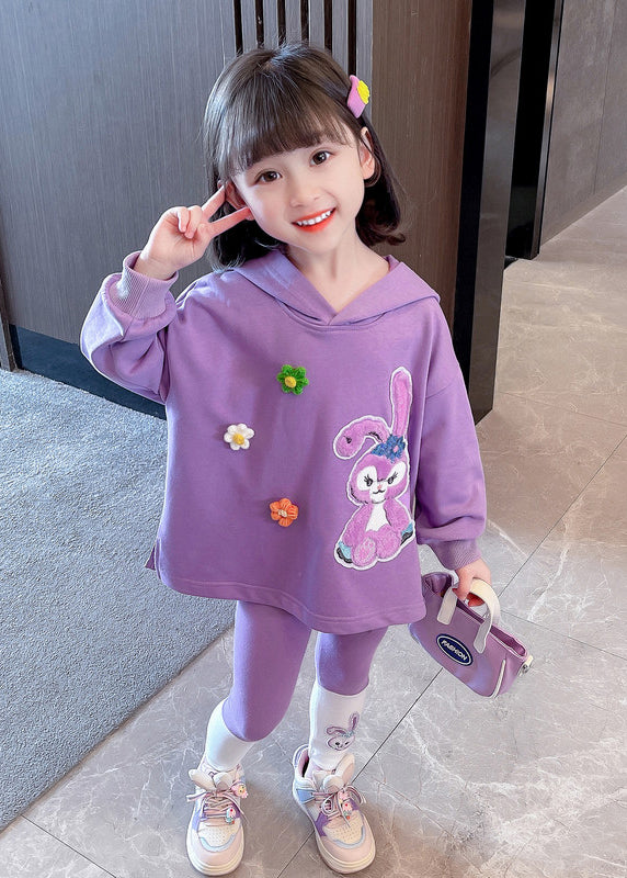 Beautiful Purple Hooded Print Patchwork Cotton Girls Two Pieces Set Fall