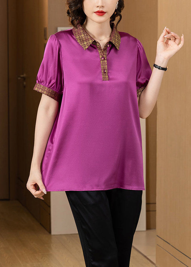 Beautiful Purple Peter Pan Collar Button Patchwork Silk T Shirt Summer