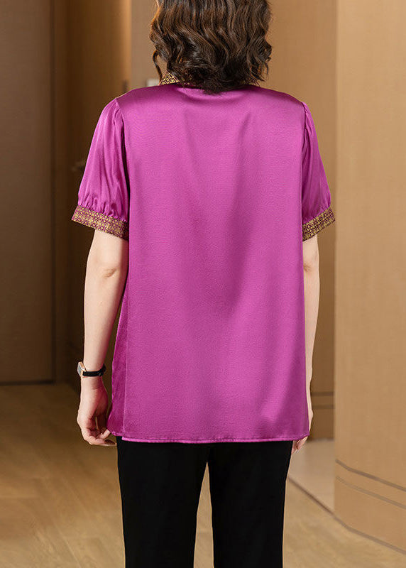 Beautiful Purple Peter Pan Collar Button Patchwork Silk T Shirt Summer