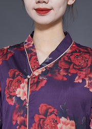 Beautiful Purple Print Lace Up Side Open Silk Long Dress Bracelet Sleeve