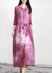 Beautiful Purple Print Linen Tunic Maxi Dresses - SooLinen