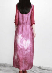 Beautiful Purple Print Linen Tunic Maxi Dresses - SooLinen