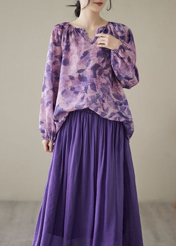 Beautiful Purple Print Wrinkled Patchwork Linen Tops Long sleeve