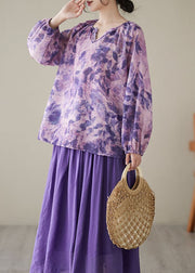 Beautiful Purple Print Wrinkled Patchwork Linen Tops Long sleeve