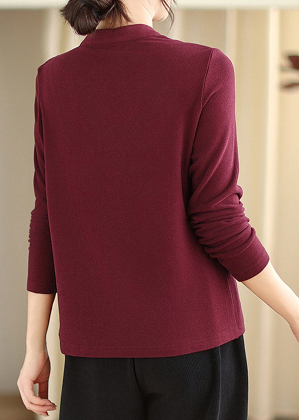 Beautiful Purple Red Stand Collar Button Cotton Blouse Tops Fall