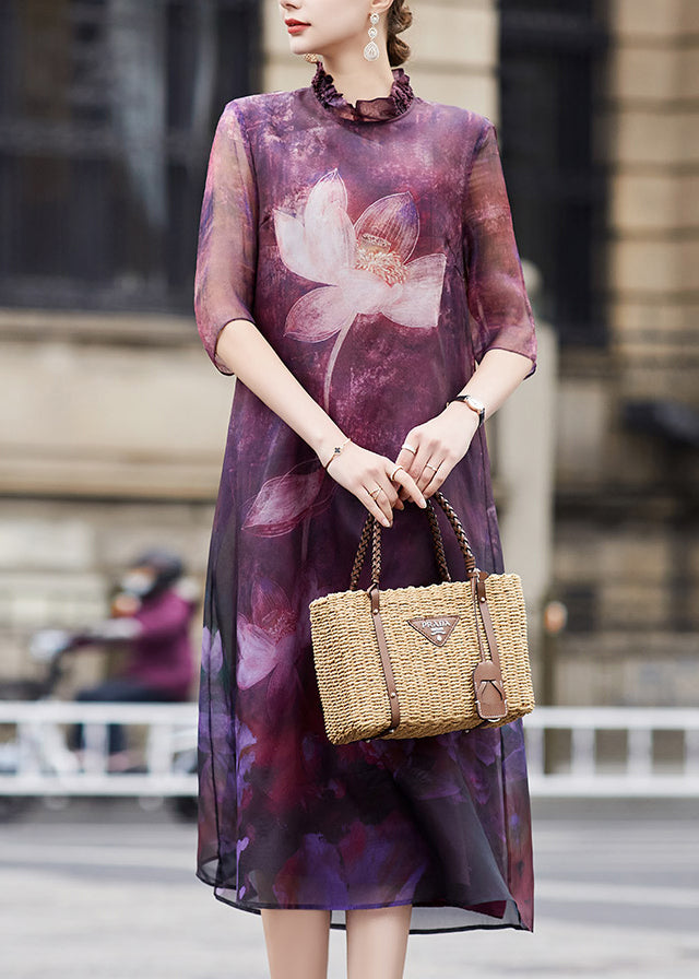 Beautiful Purple Ruffled Lotus Print Patchwork Silk Dress Summer