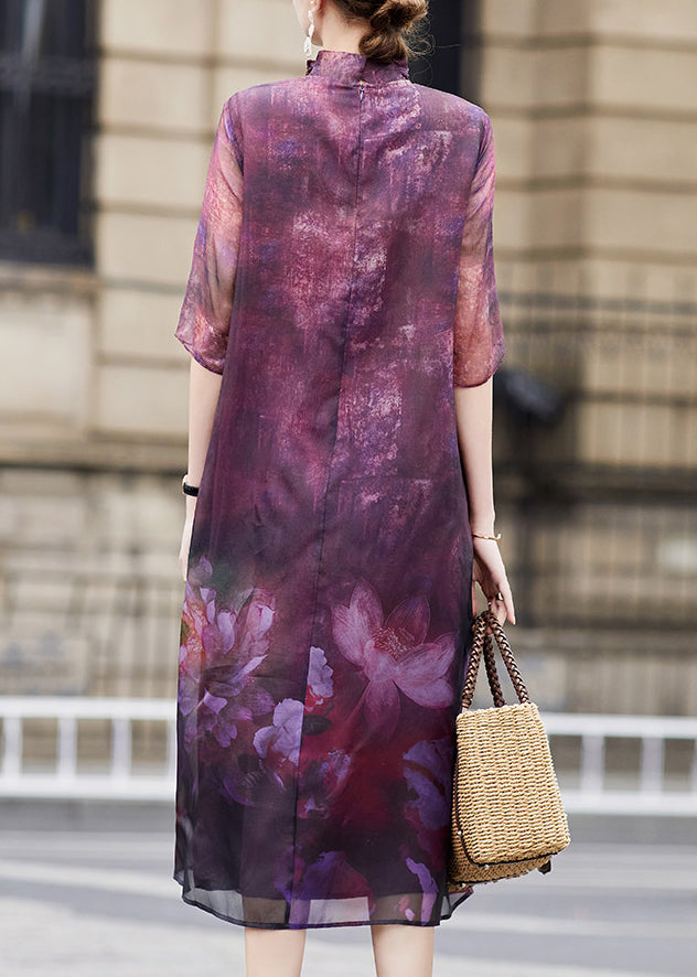 Beautiful Purple Ruffled Lotus Print Patchwork Silk Dress Summer