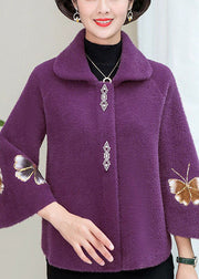 Beautiful Purple Square Collar Floral Mink Hair Knitted Coats Winter