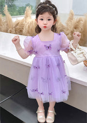 Beautiful Purple Square Collar Floral Solid Tulle Long Dresses Summer
