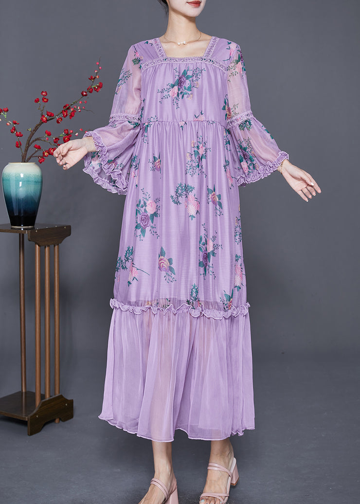 Beautiful Purple Square Collar Patchwork Ruffled Silk Dresses Summer