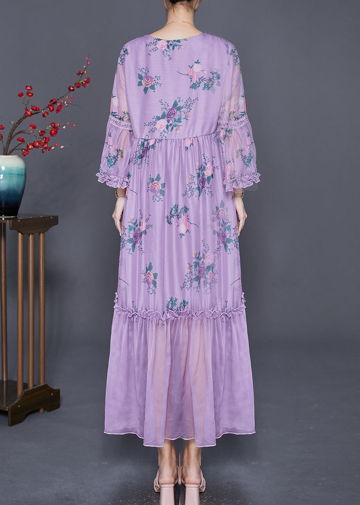 Beautiful Purple Square Collar Patchwork Ruffled Silk Dresses Summer