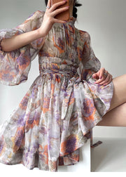 Beautiful Purple Stand Collar Wrinkled Print Silk Maxi Dresses Lantern Sleeve