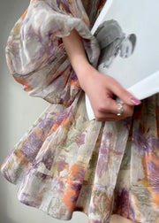 Beautiful Purple Stand Collar Wrinkled Print Silk Maxi Dresses Lantern Sleeve