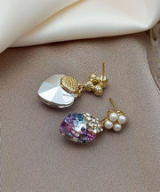 Beautiful Purple Sterling Silver Inlaid Zircon Crystal Pearl Love Drop Earrings