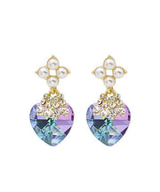 Beautiful Purple Sterling Silver Inlaid Zircon Crystal Pearl Love Drop Earrings