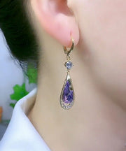 Beautiful Purple Sterling Silver Inlaid Zircon Crystal Water Drop Drop Earrings