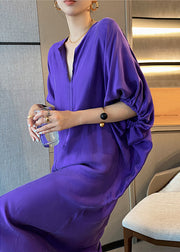 Beautiful Purple V Neck Patchwork Silk Maxi Dresses Long Sleeve