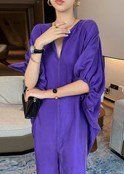 Beautiful Purple V Neck Patchwork Silk Maxi Dresses Long Sleeve