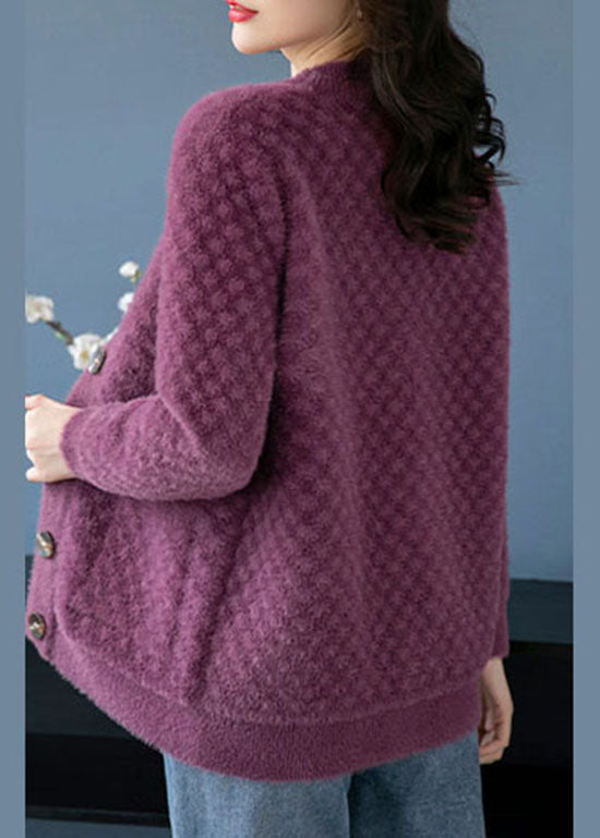 Beautiful Purple V Neck Pockets Patchwork Mink Hair Knitted Coats Fall