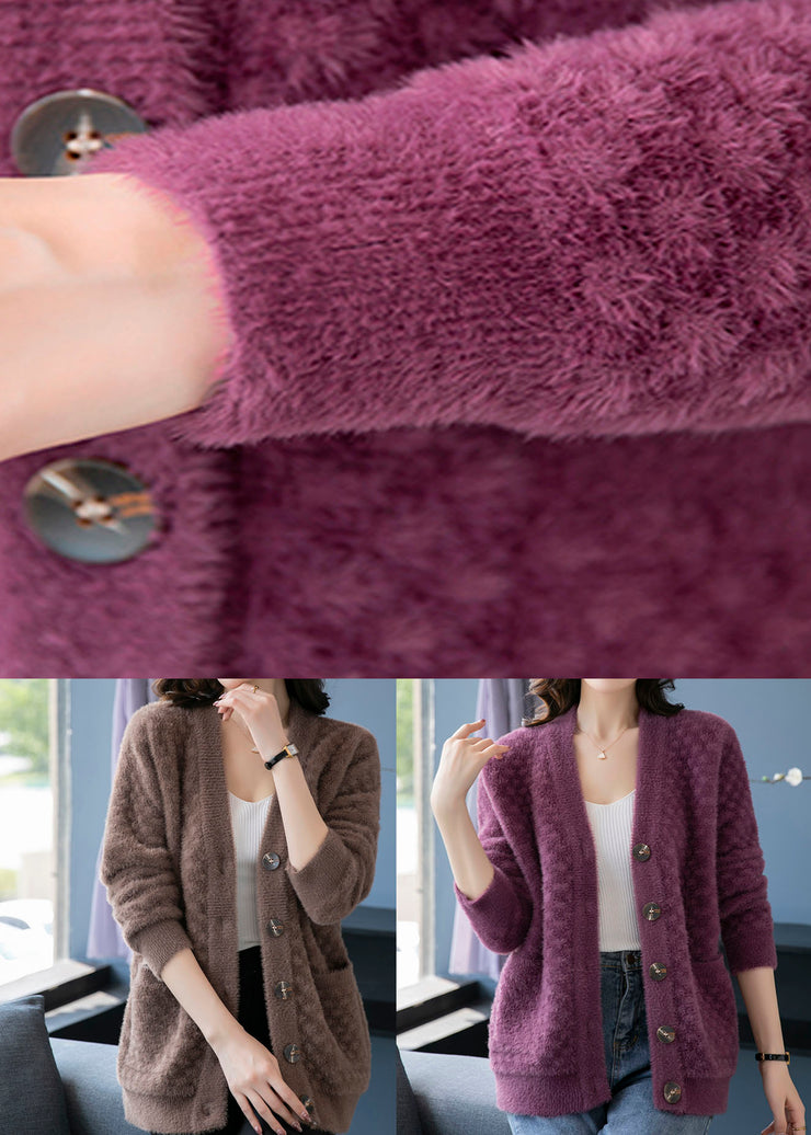 Beautiful Purple V Neck Pockets Patchwork Mink Hair Knitted Coats Fall