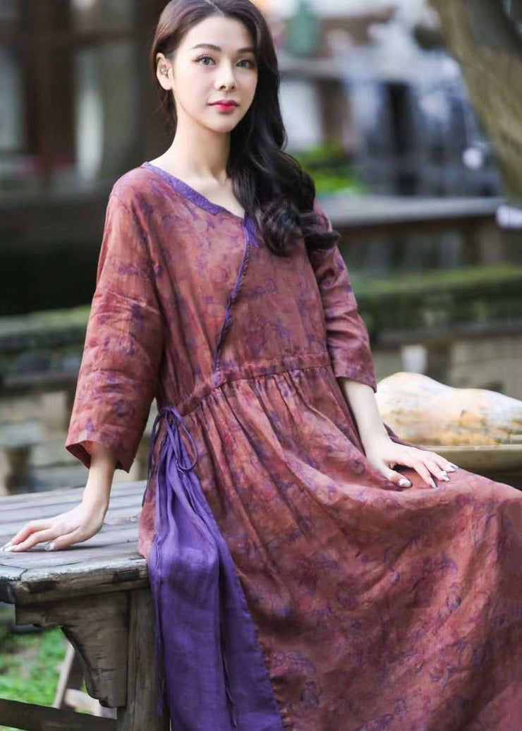 Beautiful Purple V Neck Print Drawstring Patchwork Linen Dresses Summer