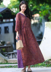 Beautiful Purple V Neck Print Drawstring Patchwork Linen Dresses Summer