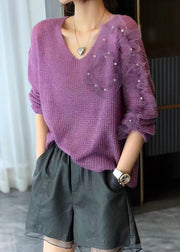 Beautiful Purple V Neck Ruffled Tulle Patchwork Nail Bead Knitted Tops Long Sleeve