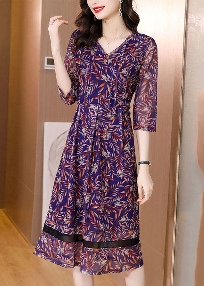 Beautiful Purple V Neck Wrinkled Tulle Patchwork Print Chiffon Dresses Half Sleeve