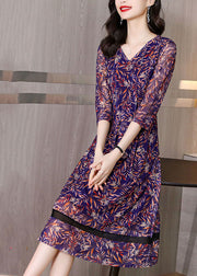 Beautiful Purple V Neck Wrinkled Tulle Patchwork Print Chiffon Dresses Half Sleeve