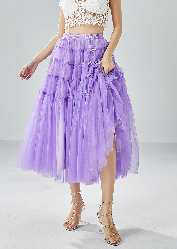 Beautiful Purple Wrinkled Patchwork Pearl Tulle Skirts Summer