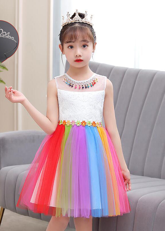 Beautiful Rainbow Daisy Tassel Tulle Kids Girls Dress Summer