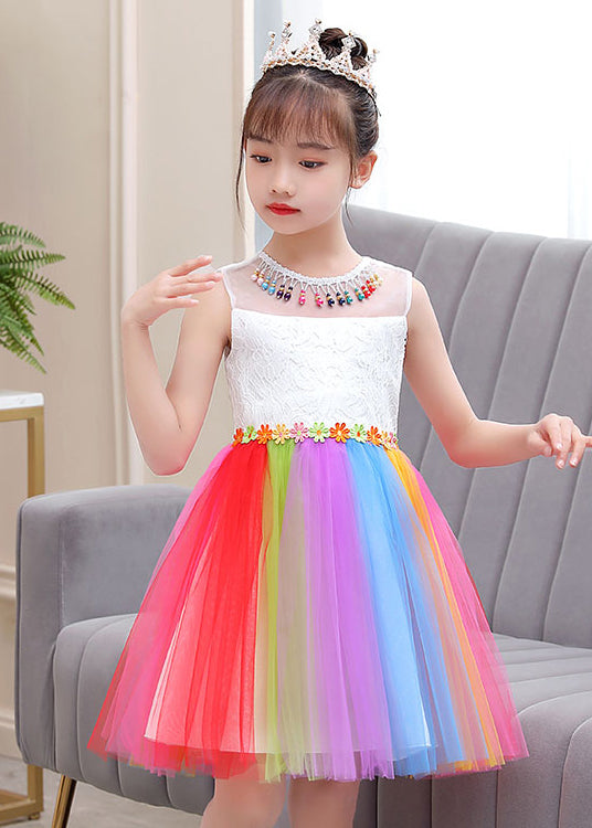 Beautiful Rainbow Daisy Tassel Tulle Kids Girls Dress Summer